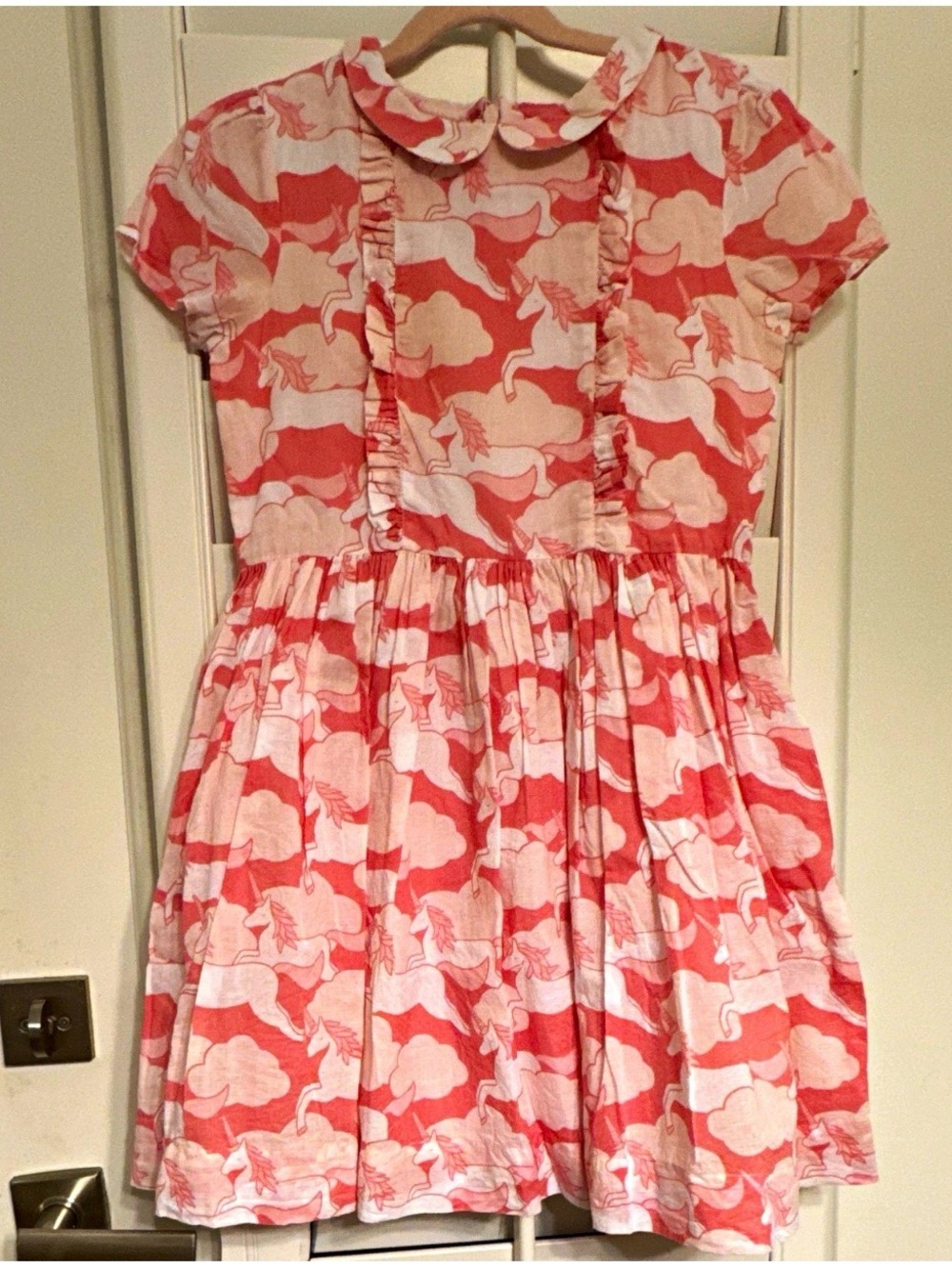 Mini Boden Girls 9-10Y Pink/White Unicorn Print Fit & Flare Dress Collar Ruffled
